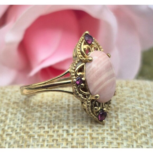 Karis STS Gold Tone Cocktail Ring Pink Center Large Size 11.5 Open Works Purple - Picture 2 of 9